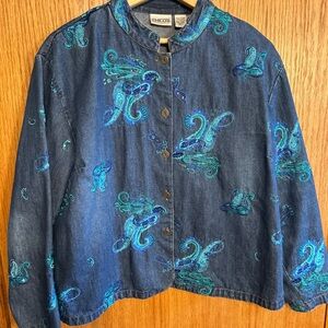 Chicos Ladies Embroidered Beaded Sequins Denim Jacket Size Large/12 100% Cotton